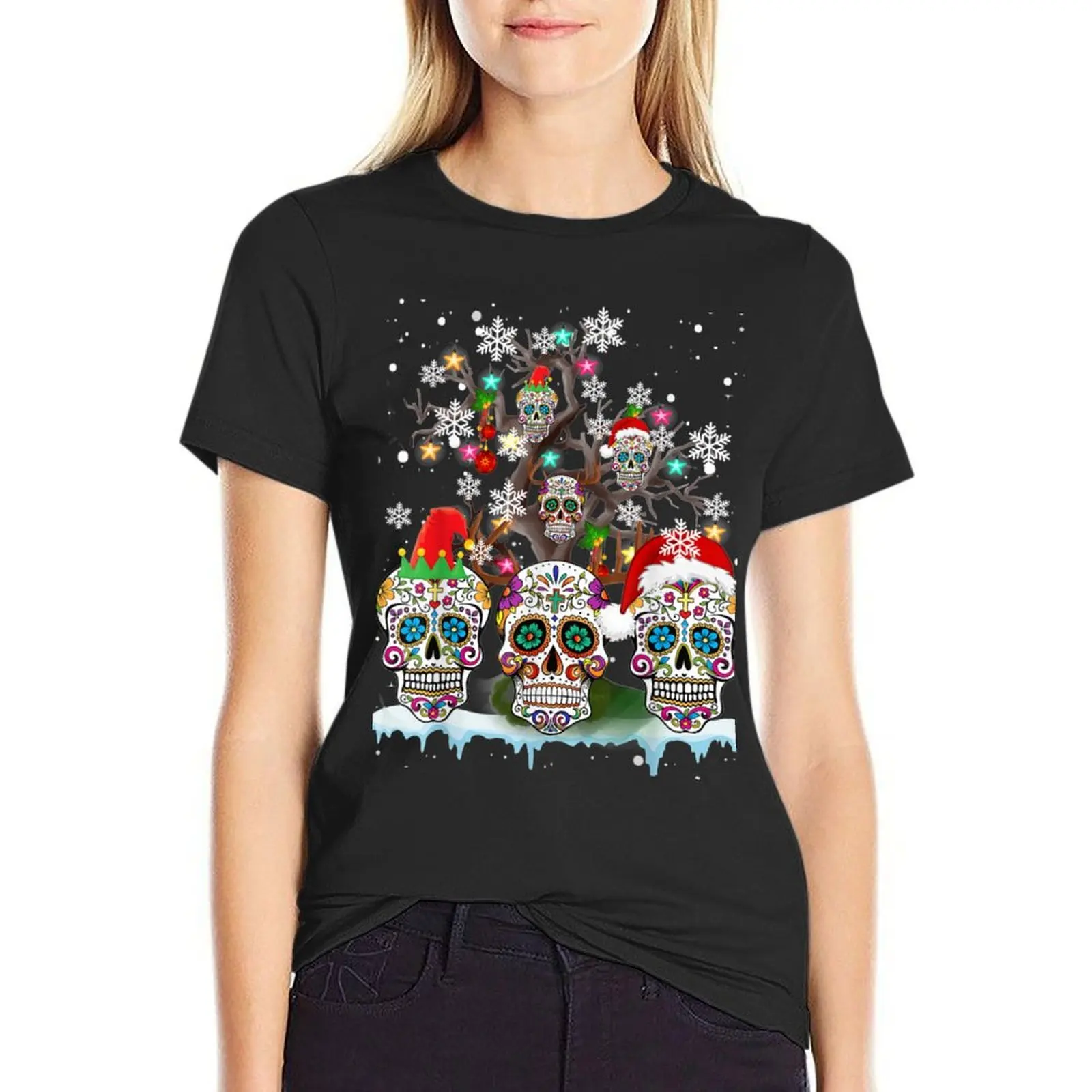 

Christmas Sugar Skull On Tree Funny Santa Sugar Skull Gifts T-Shirt lady clothes female summer tops woman t shirt