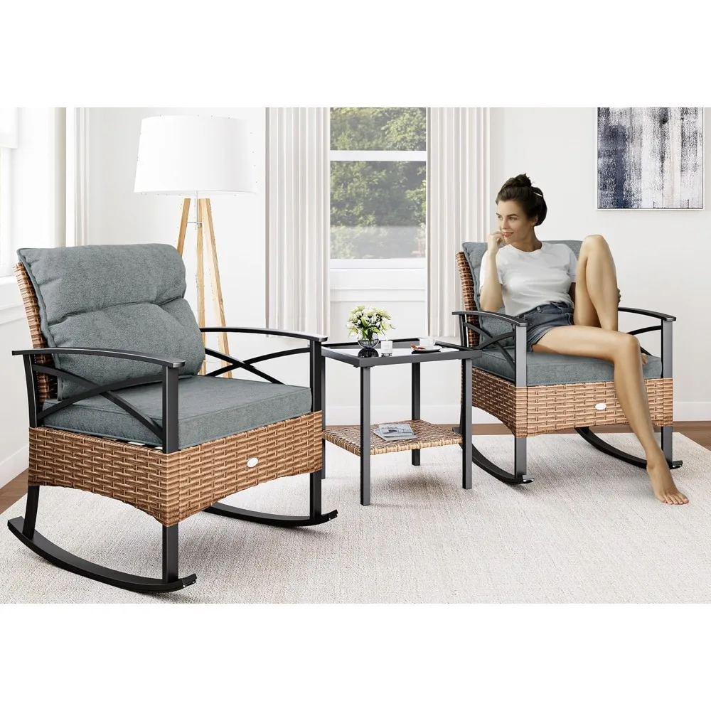 طقم بيسترو كرسي هزاز خارجي مكون من 3 قطع من YITAHOME، طقم كرسي هزاز للفناء مع طاولة قهوة زجاجية ونحيفة #2