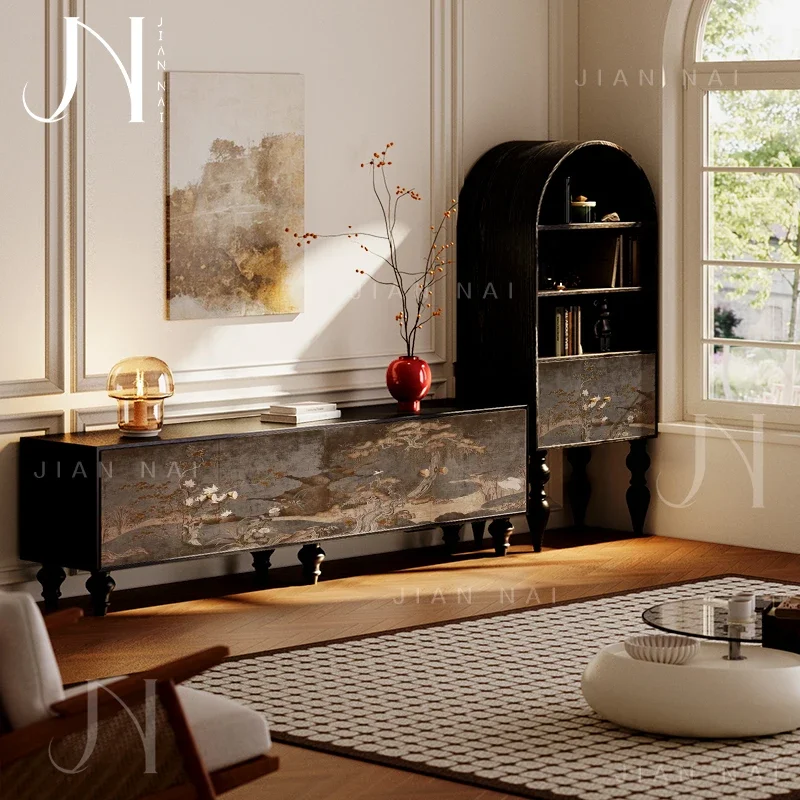 TAO French Chinese style solid wood TV cabinet classical flower living room background high foot storage storage bedroom