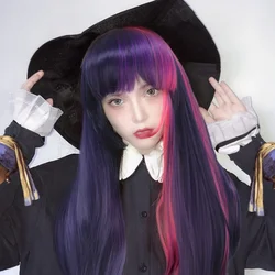 Anxin New Product Women Long Straight Purple Mix Pink Synthetic Wig For Women Halloween Theme Party