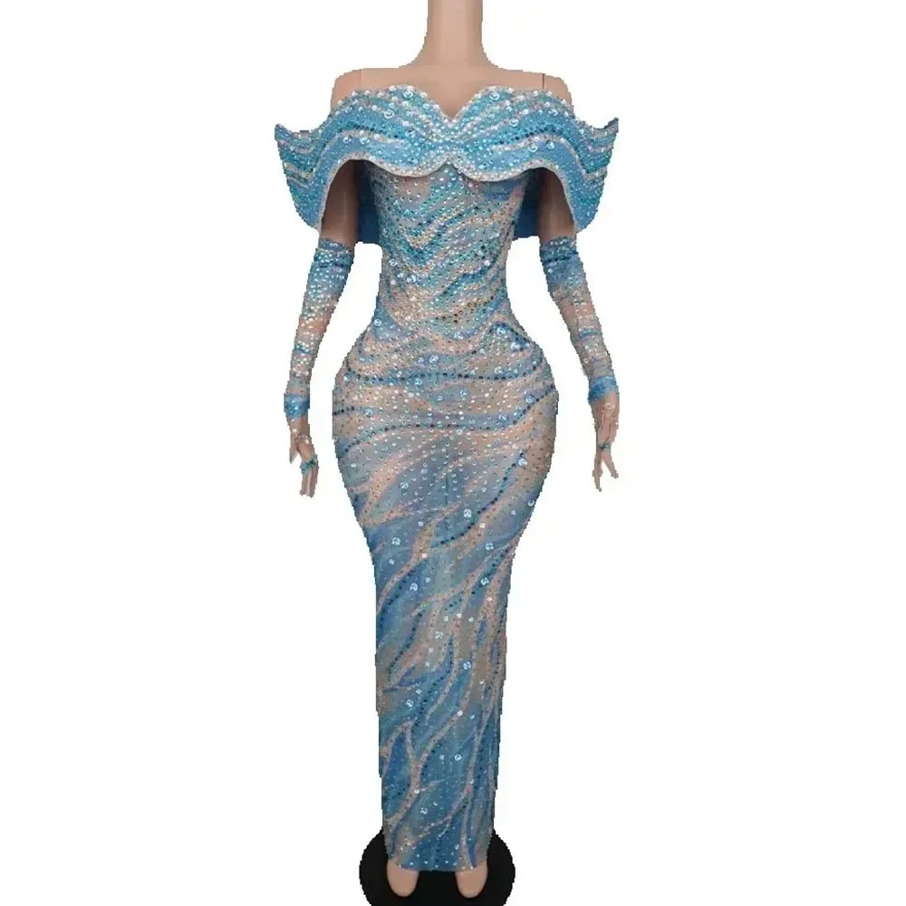 ブルーストーンイブニングドレス高級ラインストーン Eelgant マキシロングガウン手袋付き誕生日セレブパーティー写真撮影 Vestidos