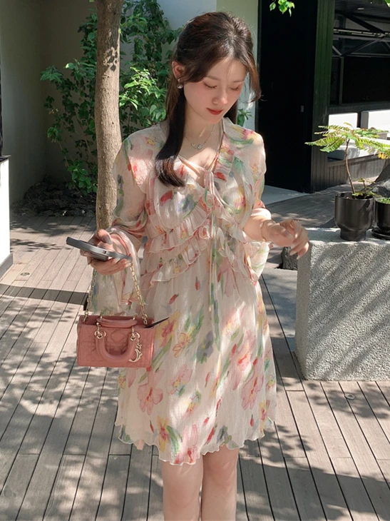 Spring New Chiffon Women's V-Neck Dress Necklace Tie Sweet Fresh Romantic Printed Lightweight Gentle Korean Style Vestidos