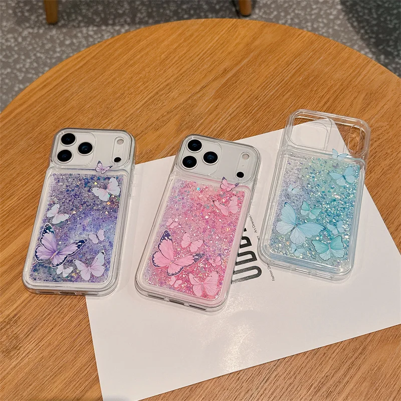 Picture 6: Butterfly Luminous Quicksand Case for iPhone 17 16 Pro Max Glowing in Dark Gloss Sand Coque Transparent Liquid Cover Funda Capas