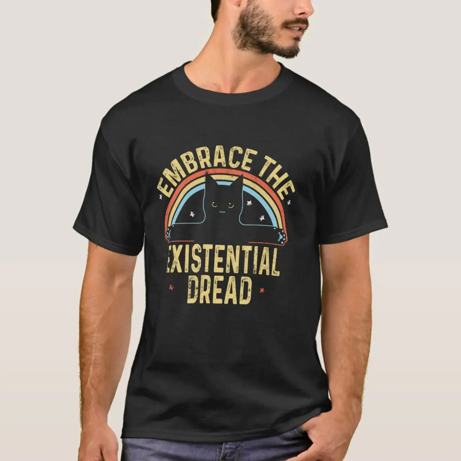 Vintage Embrace The Existential Dread Black Cat T Shirt vintage Washed Versatile Stylish Top For Everyday Wear fashion Unisex