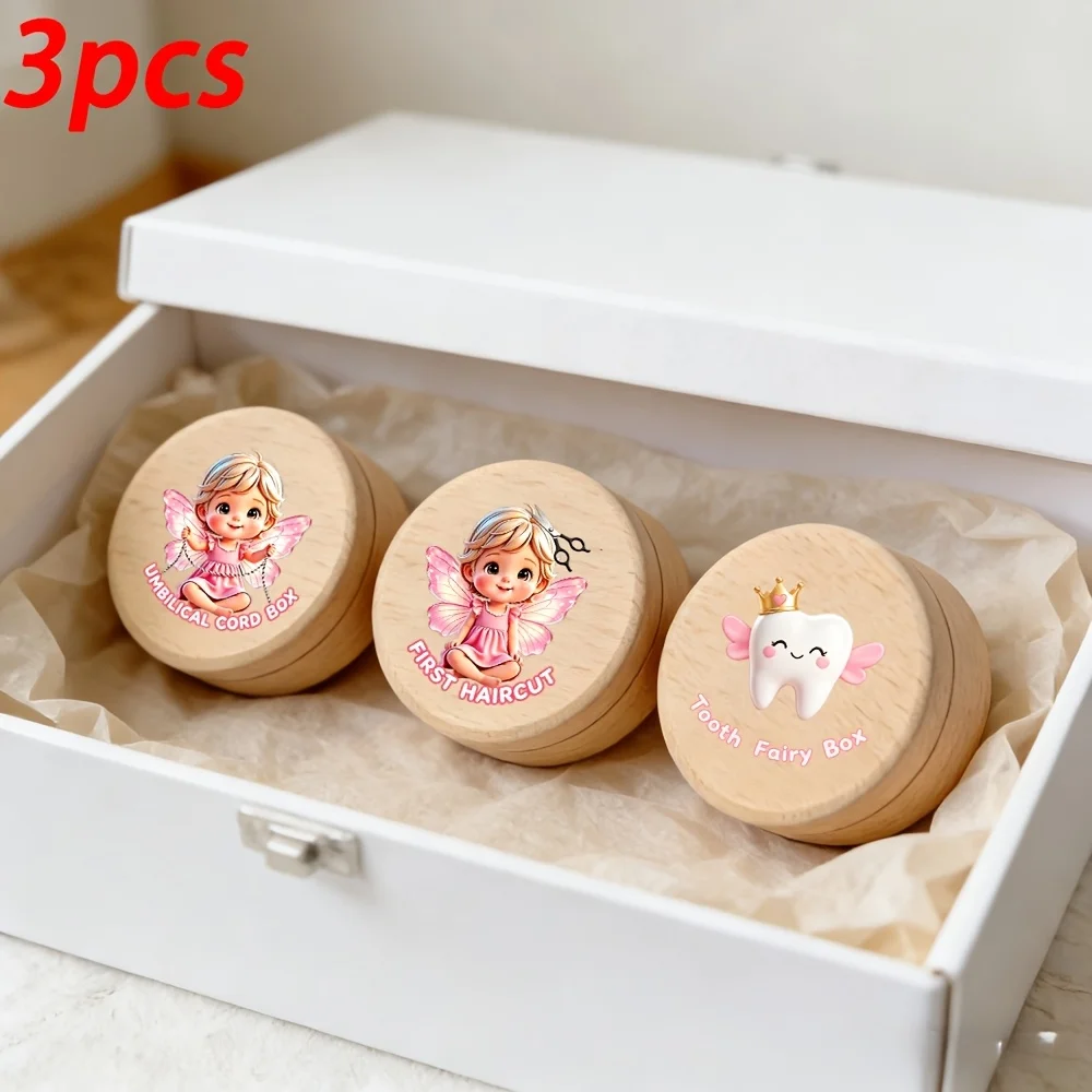 3pcs 2D Wooden Baby Teeth Storage Box Cartoon Girl Design with Pink Patterned Baby Hair Newborn Gift Precious Memory Keepsake