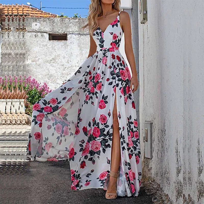 

Summer Floral Waist-Cinching Dress Women2025Hot-selling Women's FashioninsStyleVLow-Cut Party Dress with Large Hem