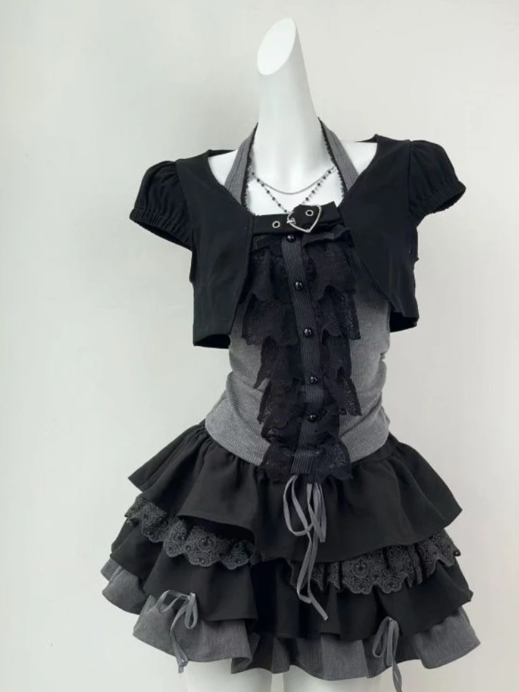 

Gothic Retro 3 Piece Sets Women Elegant Y2k Crop Top Corset Vest + Mini Skirts Lolita Sexy Vintage Sets Female Korean Outfits