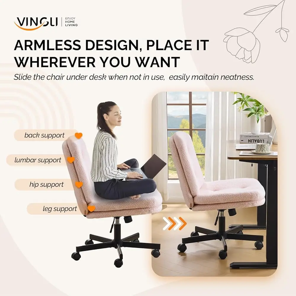 Swivel Arml Criss Cross Vanity Chair With Wheels/No Wheels,Rocross-Legged Office Desk Chair, Adjustable Height Rolling Computer