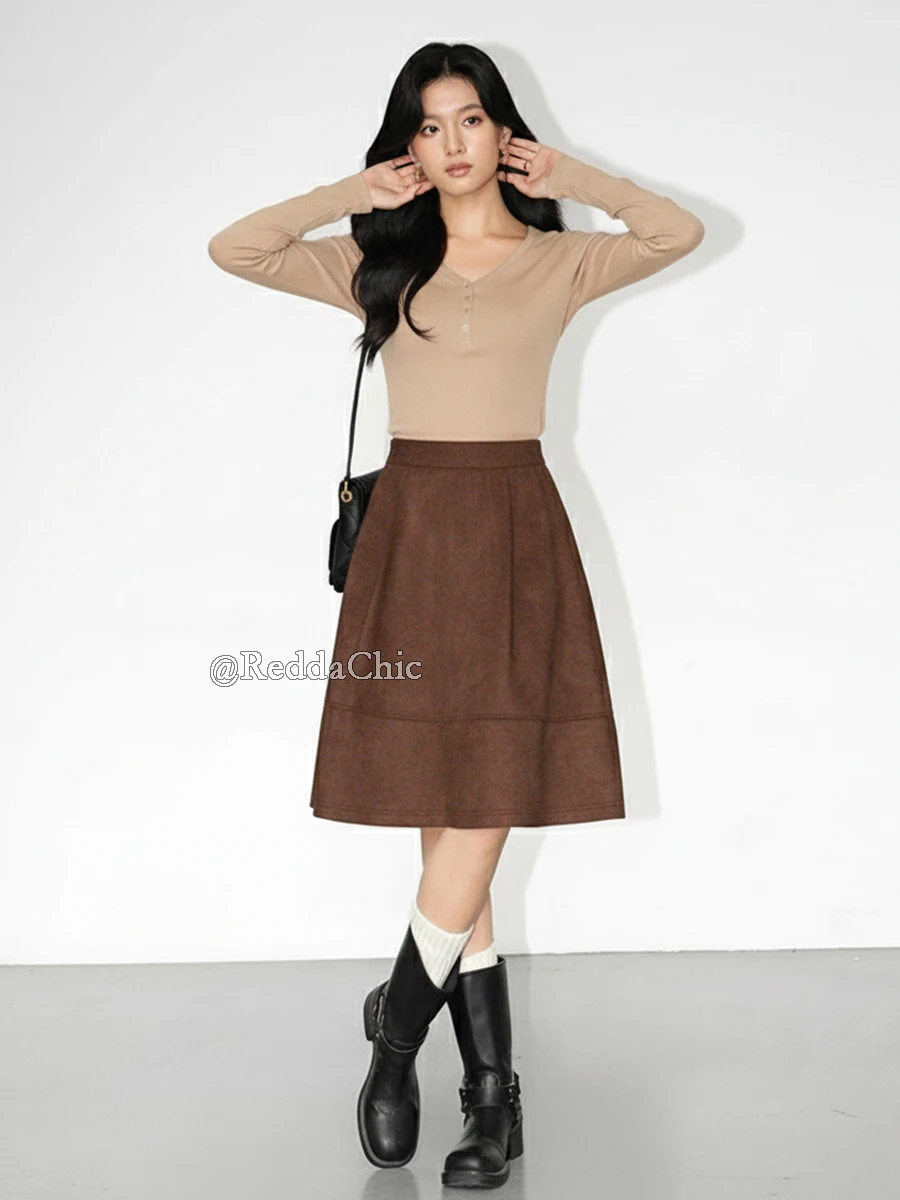 REDDACHiC Steampunk Suede Leather Skirt Women Elastic Waist Solid Stitch Seam A-line Ruffle Balloon Skirt Vintage Autumn Clothes