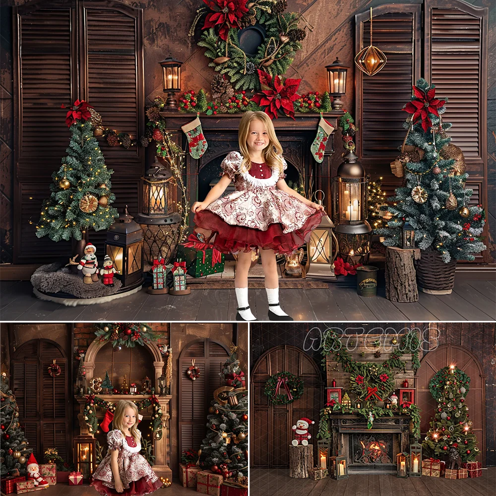 Christmas Photography Backdrop Fireplace Garland Lanterns Garland Brown Wood Flooring Christmas Tree Decorated Gifts Backdrop