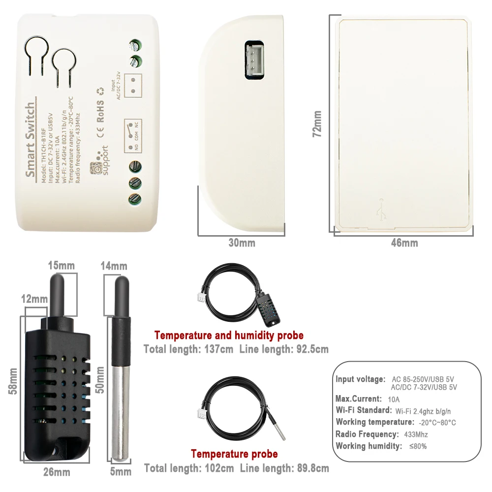 eWelink WiFi Temperature Switch 7-32V 85-250V Passive Dry Contact Relay Monitoring Temperature Sensor eWelink APP Smart Module