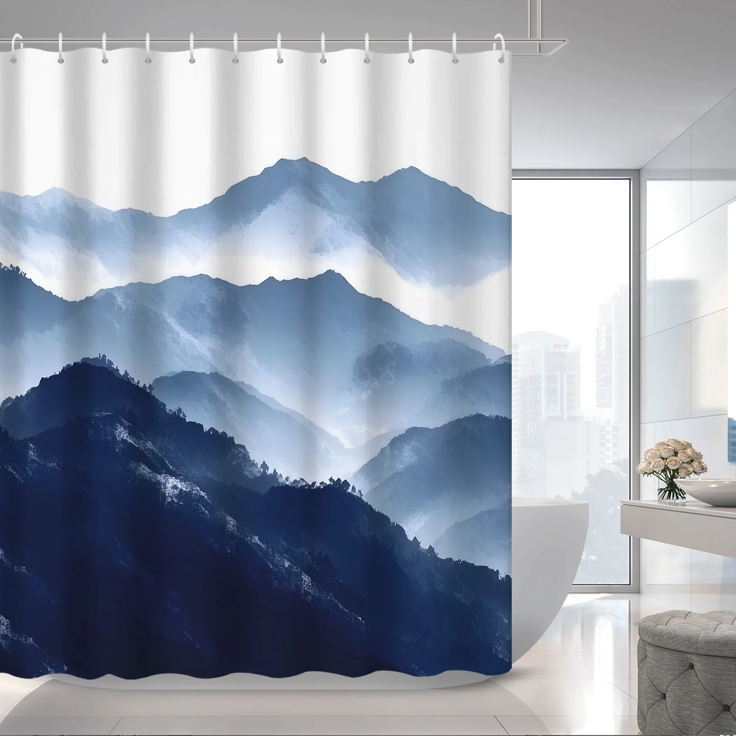 

Zen Life Landscape Shower Curtain, Ink Art Abstract Mountain Forest Partition Curtain, Bathroom Decorative Shower Curtain with