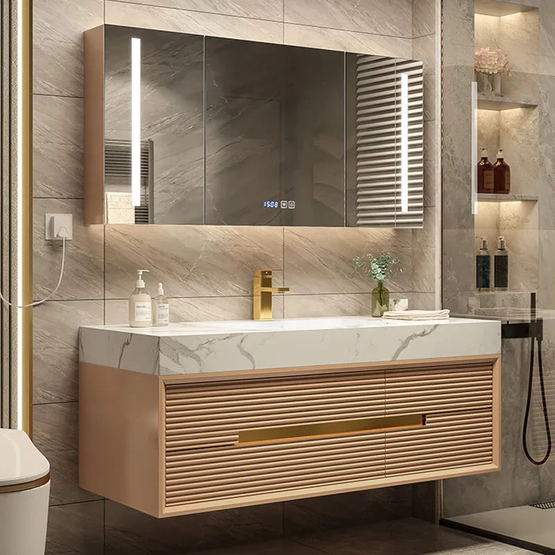 Modern Bathroom Cabinet Oak Combination Slate Ceramic Washbasin Intelligent Internet Celebrity Toilet with Soft Close Drawers