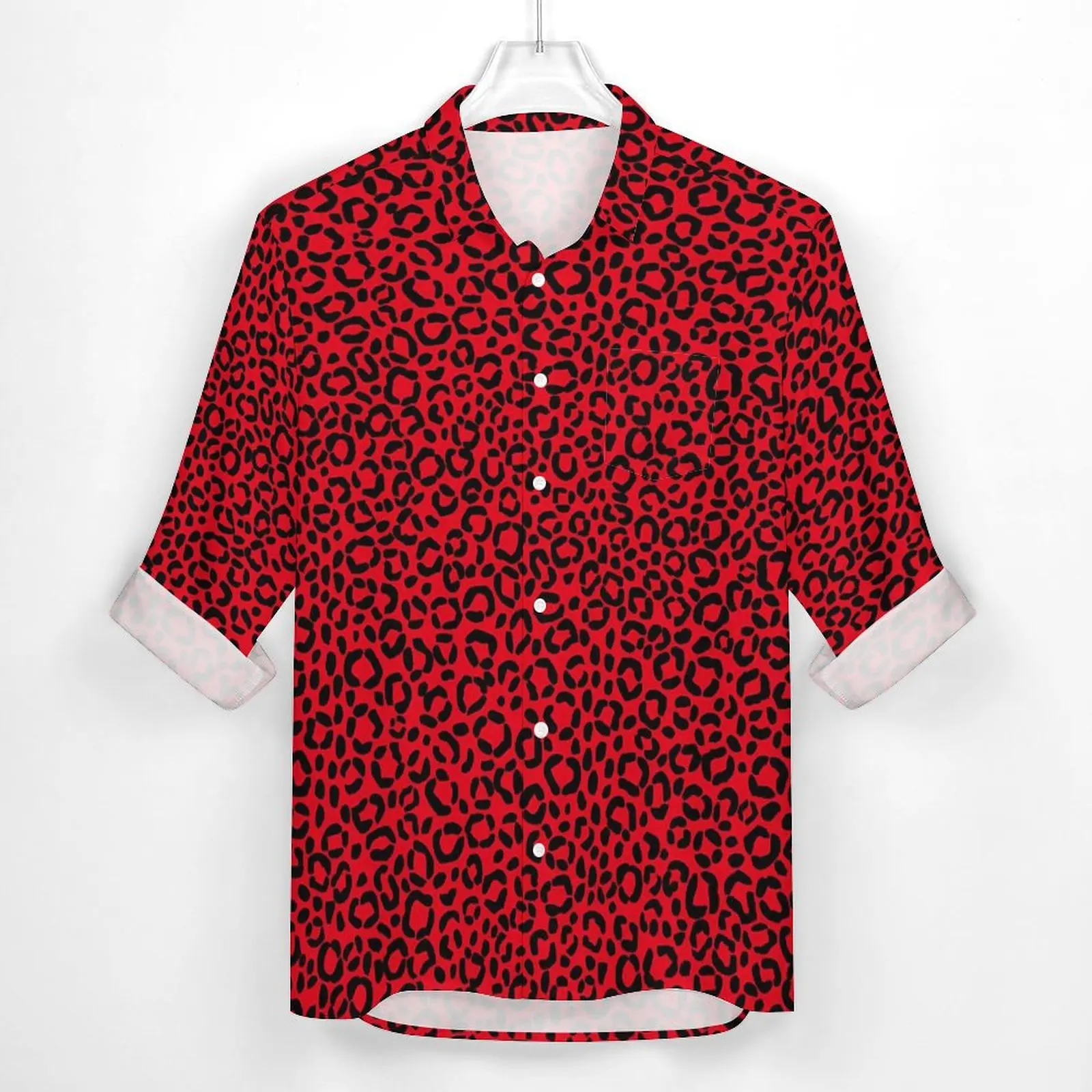 Leopard Spots Aesthetic Casual Shirt Male Red and Black Shirt Autumn Fashion Blouses Long Sleeve Graphic Oversized Clothing