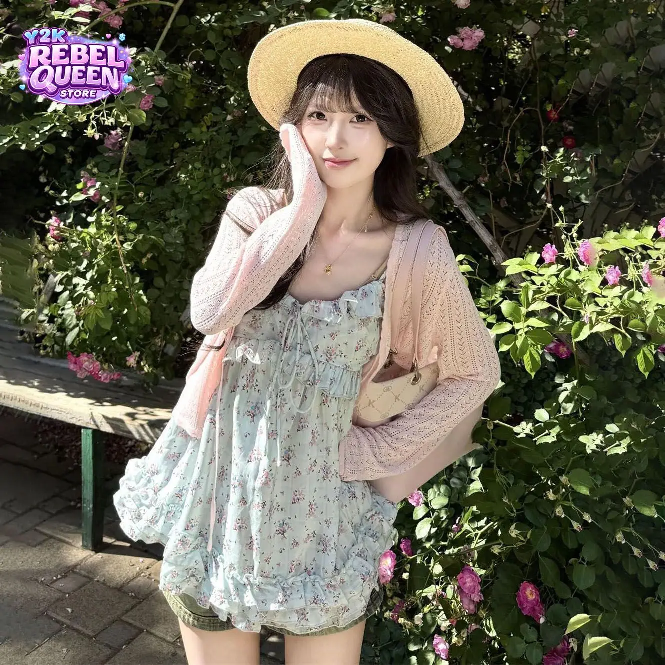 Sweet Korean Style 2 Piece Set Women Floral Ruffle Spaghetti Strap Camisole Top + Pink Hollow Out Knit Cardigan Vacation Outfit