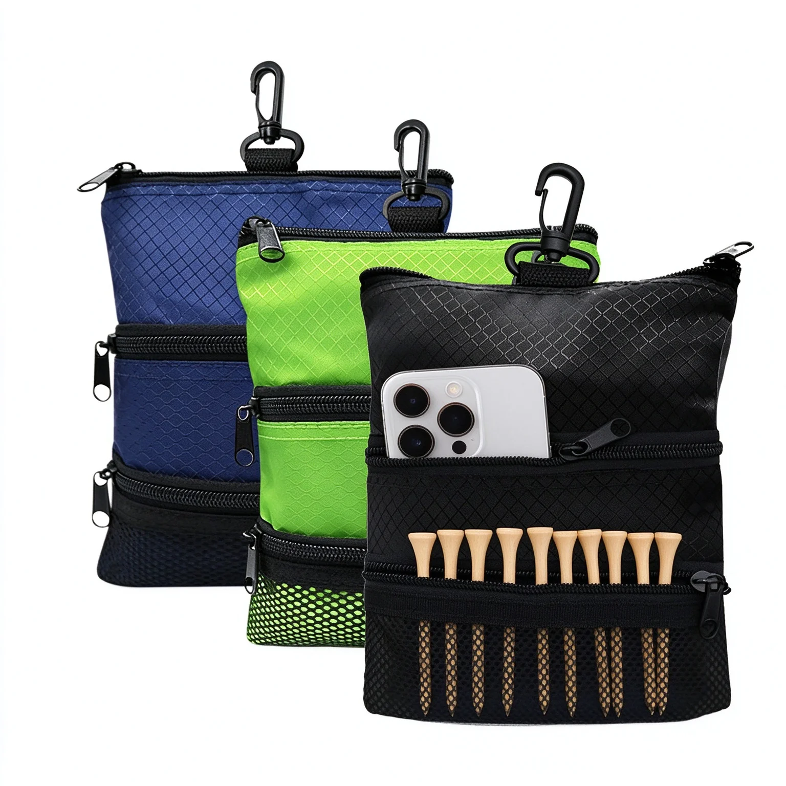 Three-layer capacity golf bag portable zippered waist pouch for golf tee accessories, outdoor golf tee bag