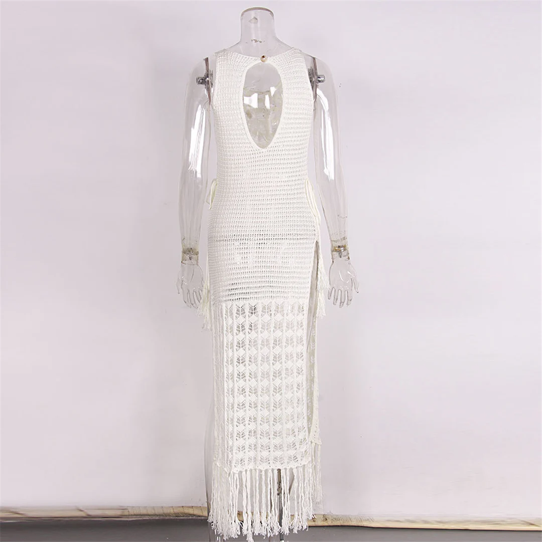 S-XL Sexy, ausgeschnittenes, mit Fransen und Quasten versehenes, gestricktes, gehäkeltes Tunika-Strandkleid, Strandkleid, Strandmode, Damenmode V3800 – Detail 21