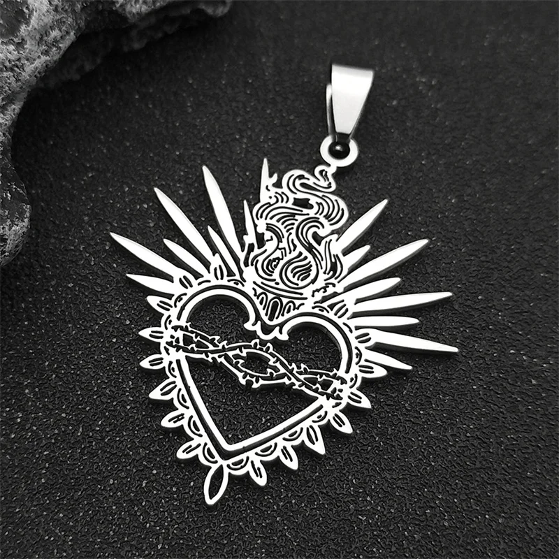 3Pcs Hollow Flaming Sacred Heart Charms Thorns Sacred Heart pendants For Women Men Stainless Steel Black Faith charms Jewelry