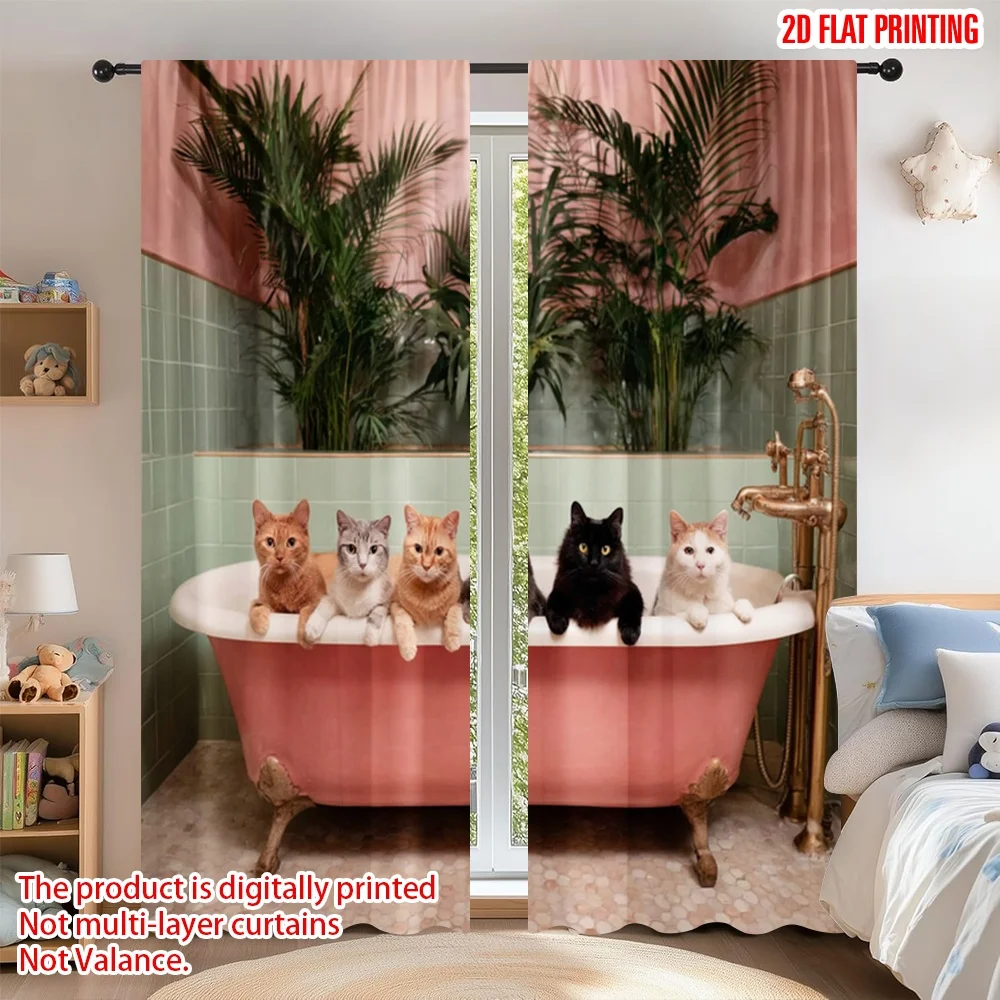 

2D flat printing 2pcs Curtain Scene Curtain Six Cats in Bathtub Digital Printed Polyester Drapes Holiday Decorations Perfect for
