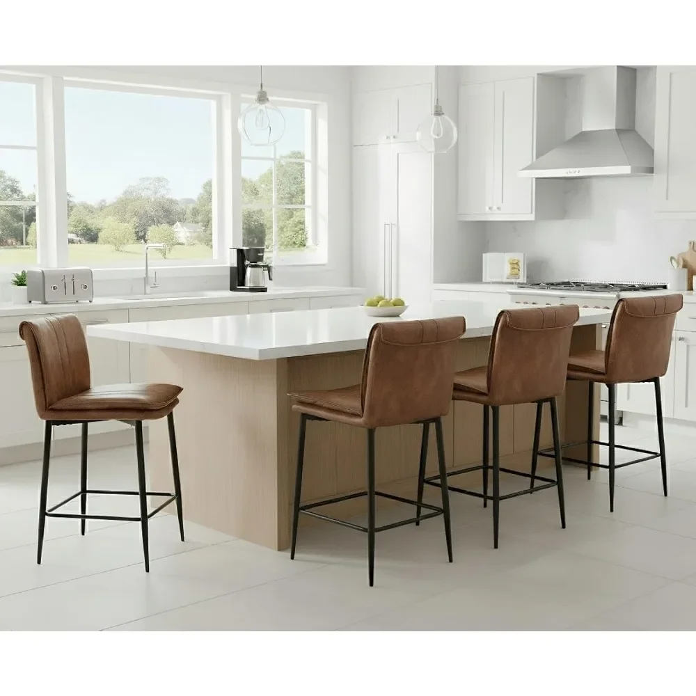 

Современные кожаные барные стулья, комплект из 4 штук, высота 26 дюймов, мягкие стулья для завтрака с металлическим каркасом и спинкой, на заказ