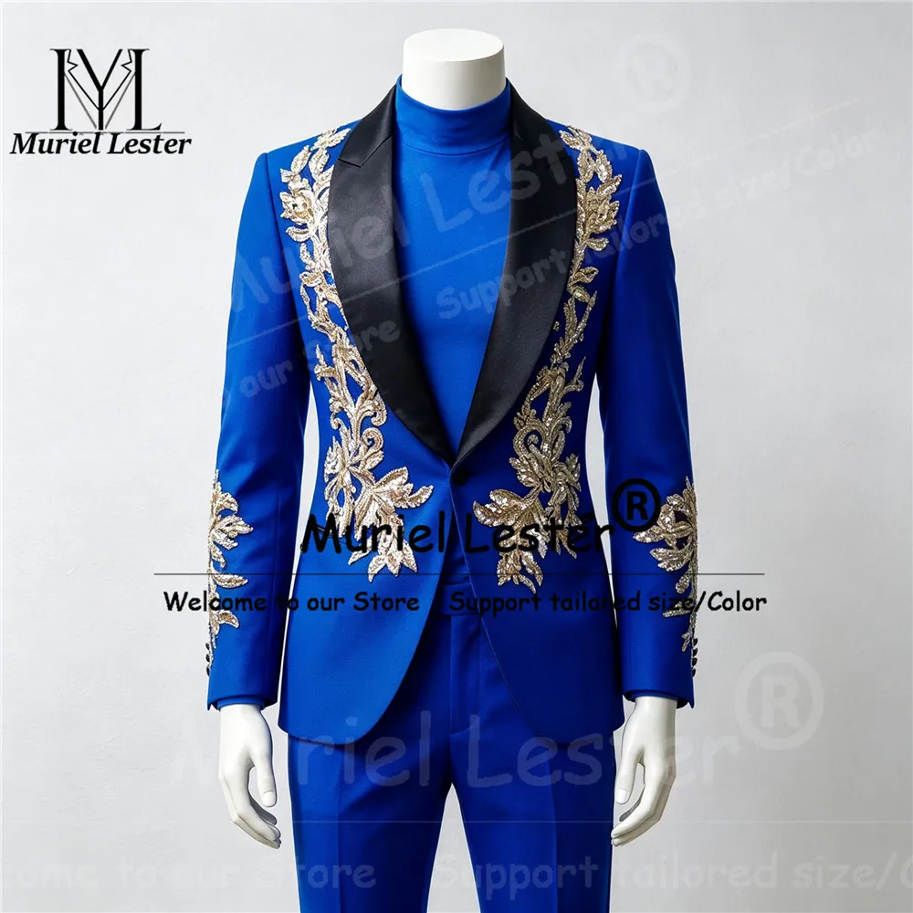 Elegant Suits Men For Wedding Black Shawl Lapel Gold Sequin Applique Prom Blazer With Pants 2 Piece Sets Groom Tuxedo Man Outfit