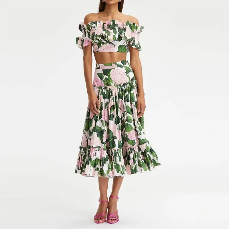 

Sexy Strapless Tops Long Skirt Outfits Women Elegant Flower Print Ruffle Swimsuit Suit Casual Sleeveless Pleated Pc Party Set