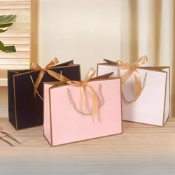 10pcs/lot High Quality Pretty Pink Gift Bag Gift Box Ornament Pajama Book Black Handle With Ribbon Paper Box Bag Kraft Packaging