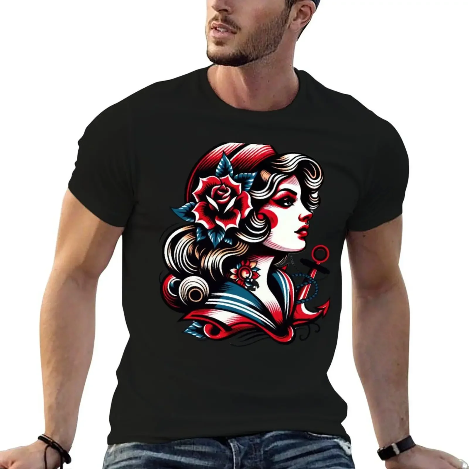 

Sailor Girl Art - Retro Tattoo Style T-Shirt Louboutins custom shirt Aesthetic clothing sweat men workout shirt