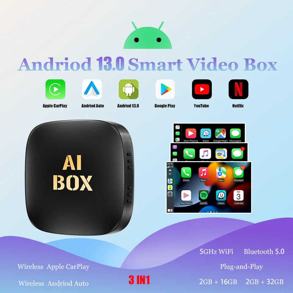 

New Android 13 Smart Box Android Auto Wireless CarPlay AI 3-in-1 2+16G 2+32G Built-in Netflix YouTube Play Store Plug & Play