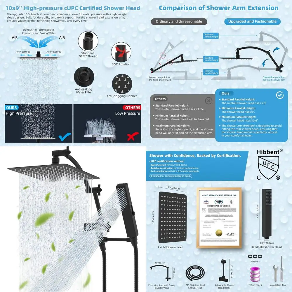 

10 CUPC Shower Head, Dual System with High-Pressure Handheld, 4 Spray Options, 16 Extendable Arm, 71 Hose, Matte Black