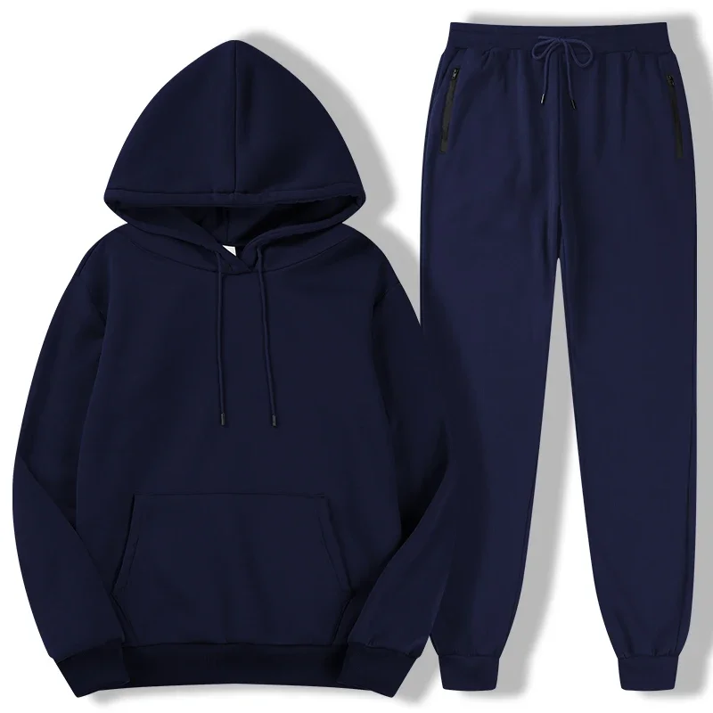 New Autumn Winter Solid Color Casual Sports Two - piece Hoodie and Pants Set for Men S - 3XL Tracksuit for Daily Activity