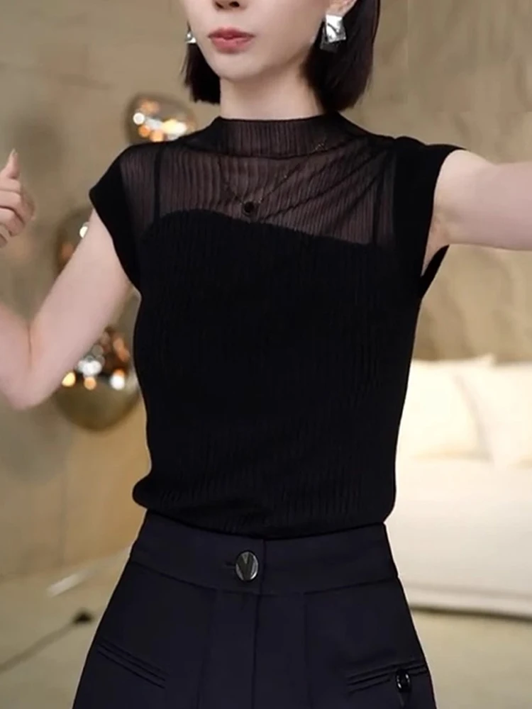 

Slim Fit Ice Silk Knitted Top Women's Base Shirt Short Sleeve Fashionable T-Shirt Korean Style Commute round Neck Regular Length