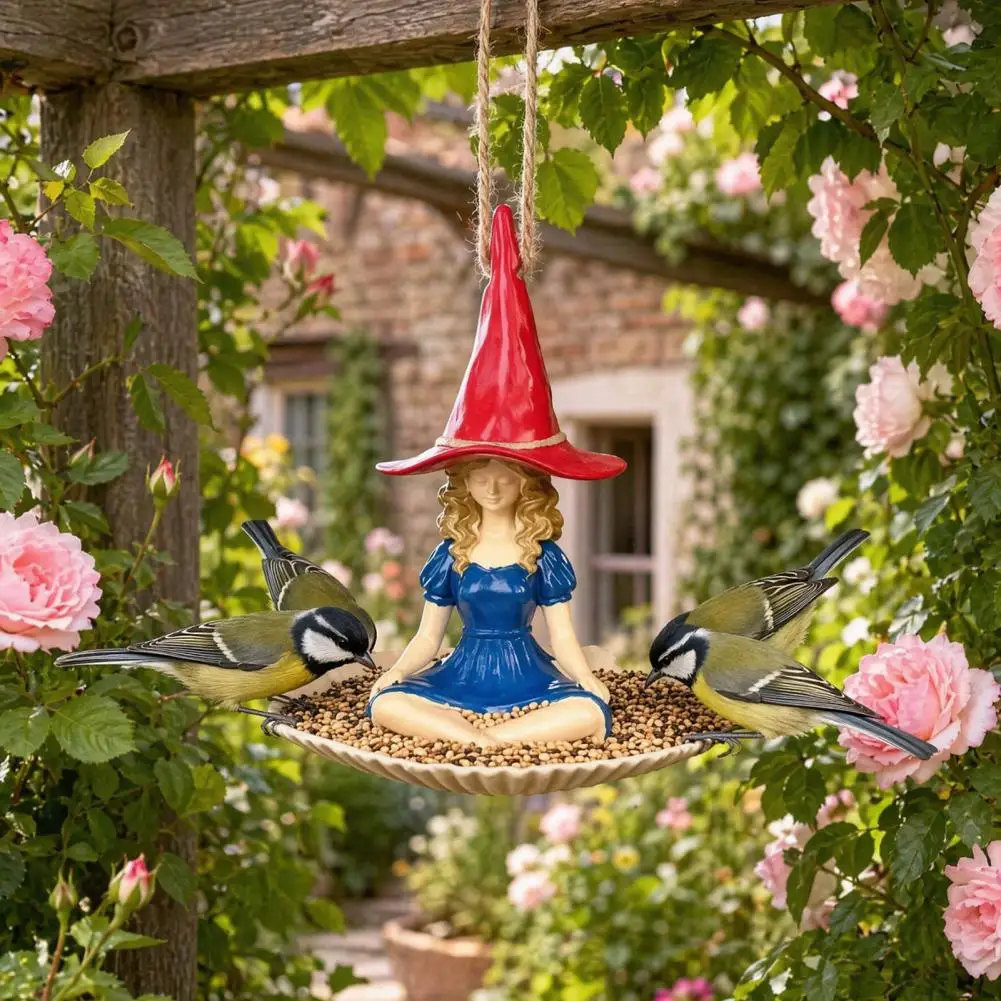 Outdoor Bird Feeder Girl Bird Feeder Resin Statue Outdoor Garden Hanging Tray with Rope Hanger Wild Bird Seeds Feeder for Patio