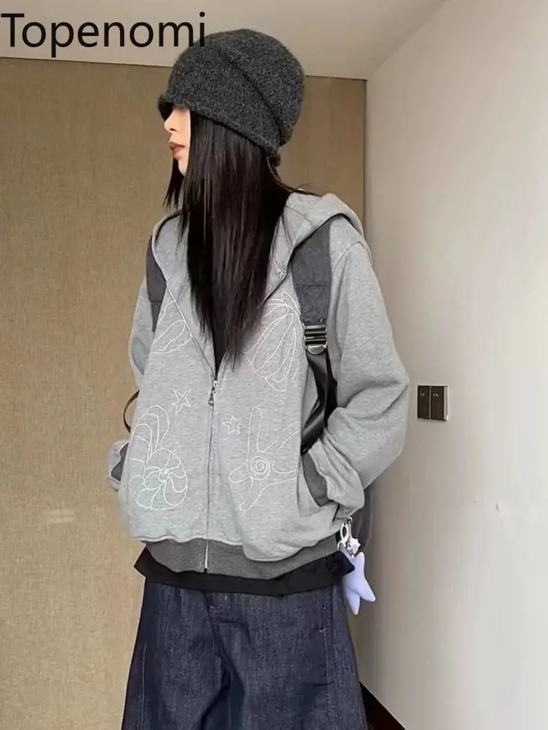 

Topenomi Korean Style Retro Printed Hooded Coats Women Autumn Winter Loose Casual Zipper Sweatshirt Simple Street Y2k Hoodies