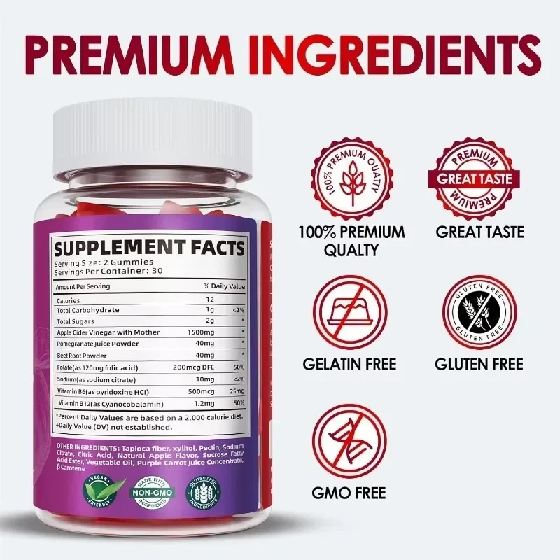 ACV gummy supplement, containing apple cider vinegar and vitamin B12, vegetarian , detoxifying and cleansing，60  gummies
