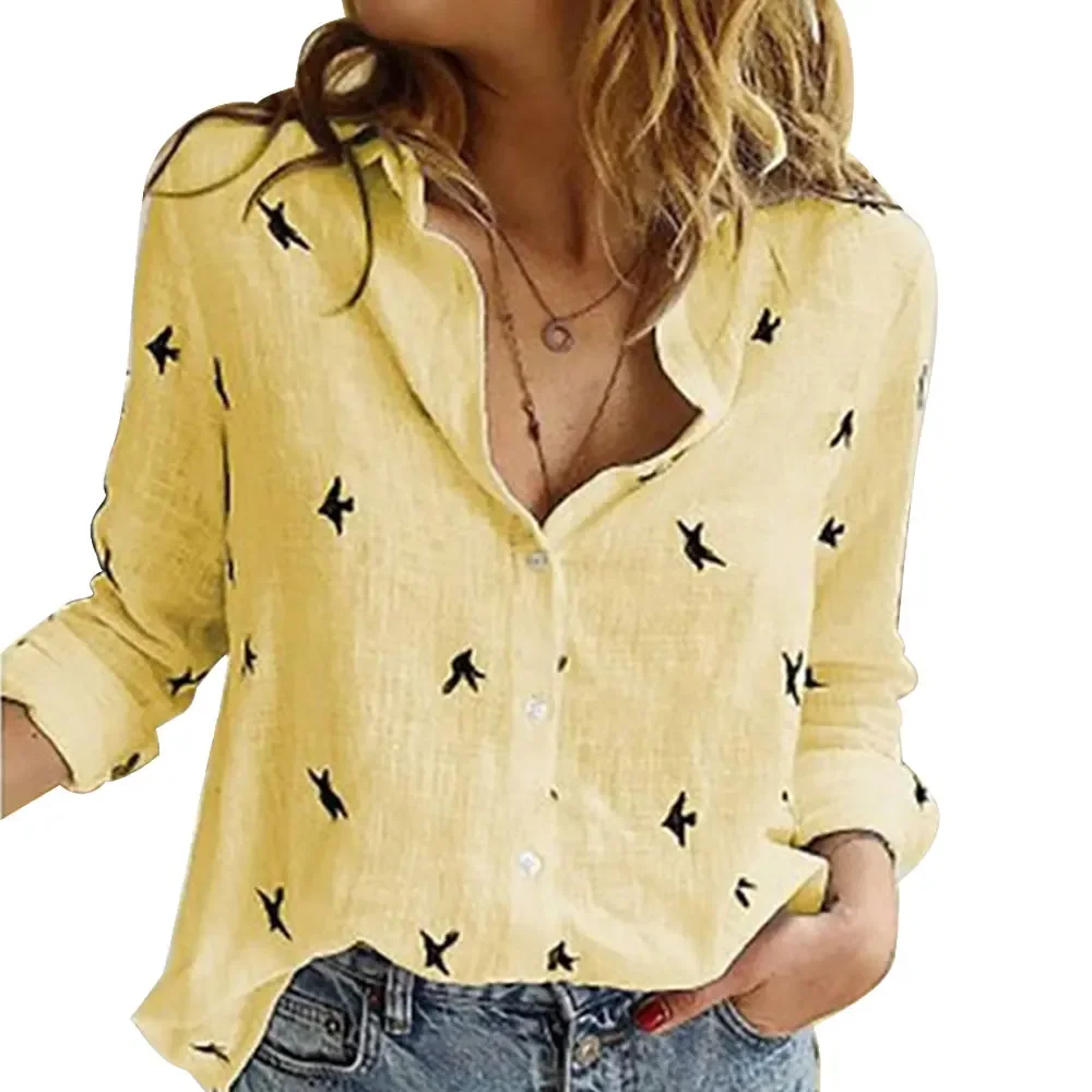 Women Blouses Oversized Long Sleeve Birds Print Loose T Shirts Cotton and Linen Tops Casual Vintage Streetwear Tunic Tees