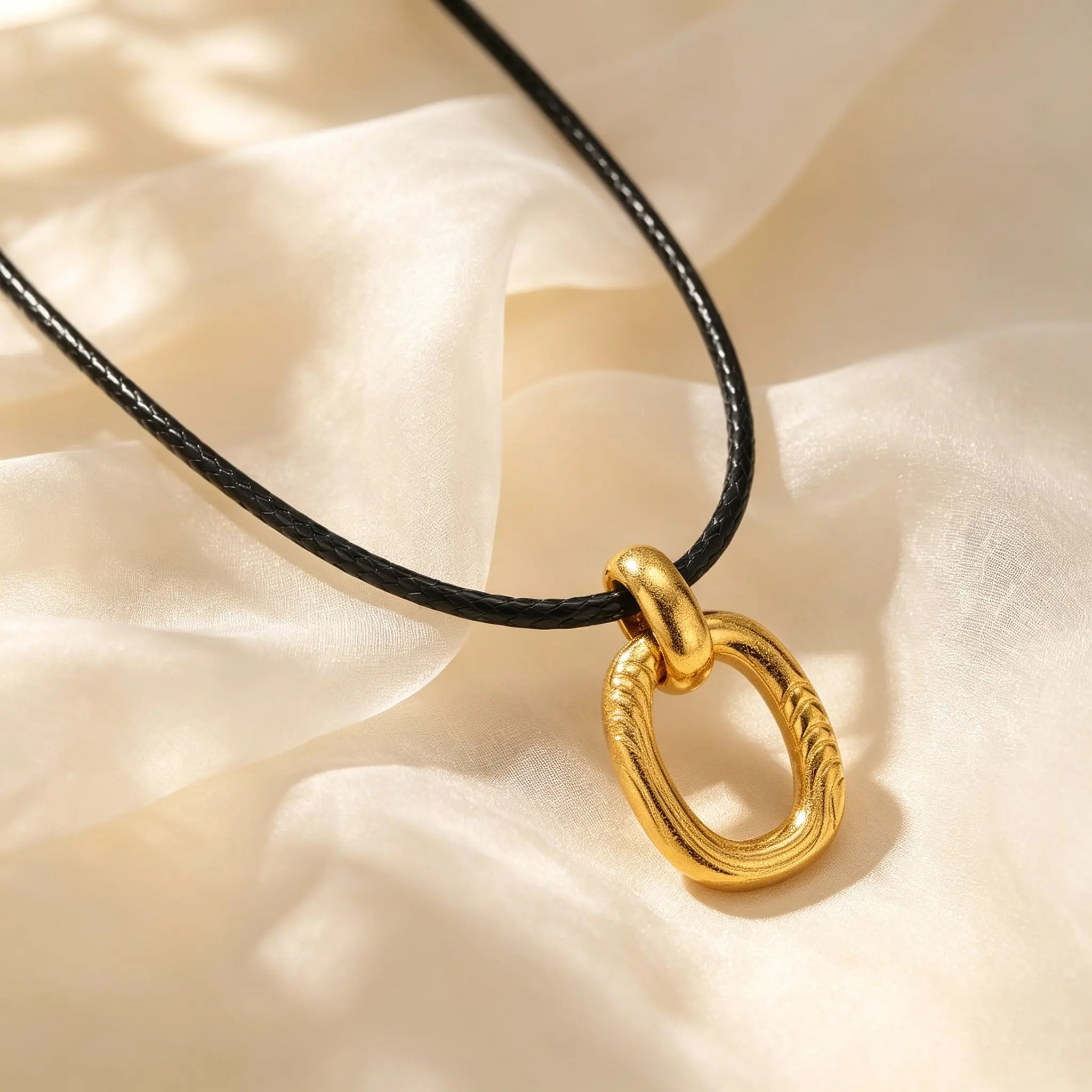 Stainless Steel Textured Round Pendant Necklace for Women PU Leather Chain Minimalist Fashion Jewelry Casual Daily Party