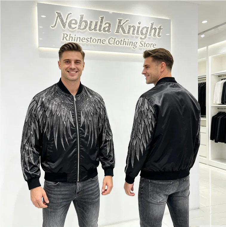 New Fall Men Stand Collar Jacket Wing Print Heavyweight Oversized Streetwear Casual Outerwear Trendy Long Sleeve Tops