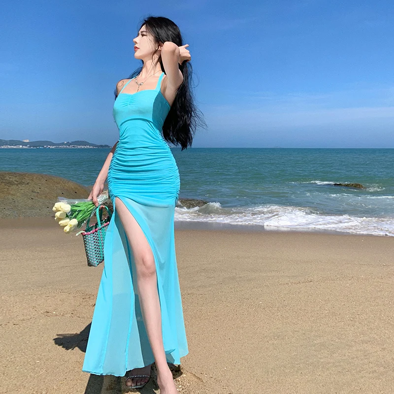 Dujia Aphrodite Beauty Goddess Arrival Halter Neck Long Dress Lake Blue Dress