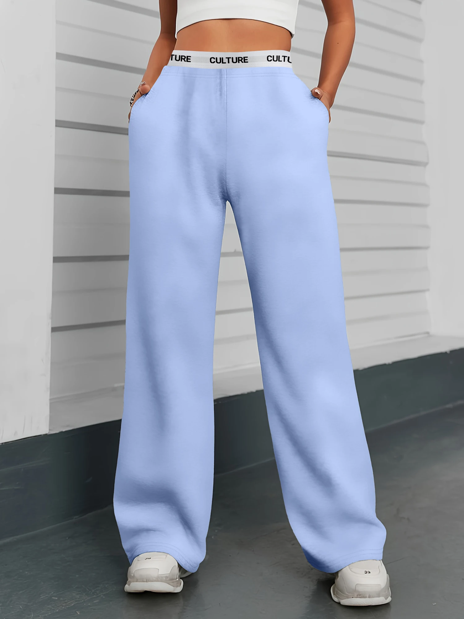 الأكثر مبيعا السراويل الرمادية واسعة الساق المرأة مريحة فضفاضة "الثقافة" بنطلون حزام الخصر #5