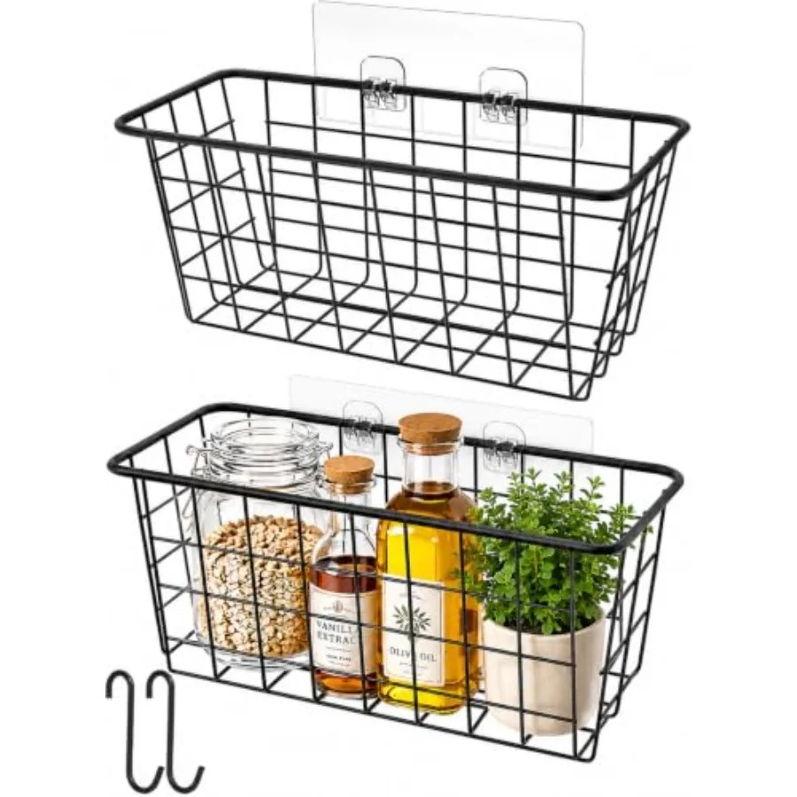 

Hanging Kitchen Baskets Wire Storage Basket Over the Cabinet Door Organizer, No Drilling Adhesive Basket for Cabinet Pantry Org