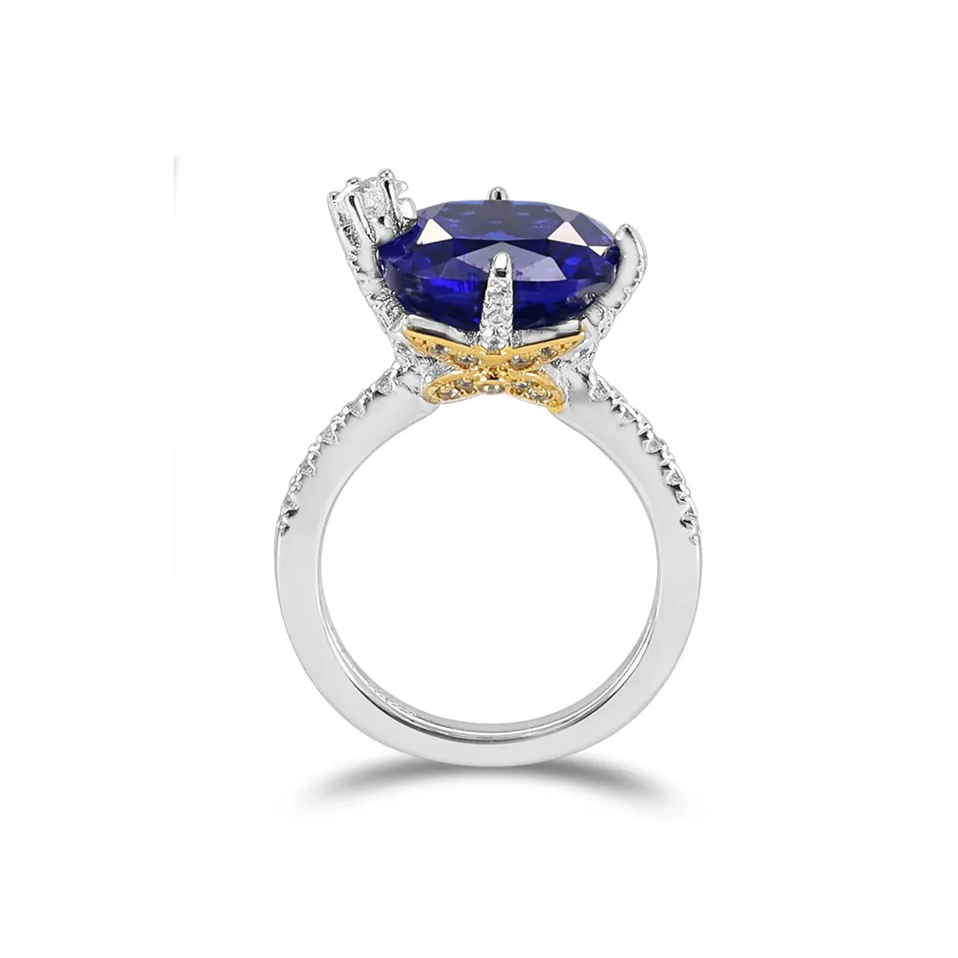 

New S925 Silver High Carbon Diamond Royal Blue Pillow shaped Gold Star Fashion Jewelry Versatile Girls Ring Wedding Jewelry