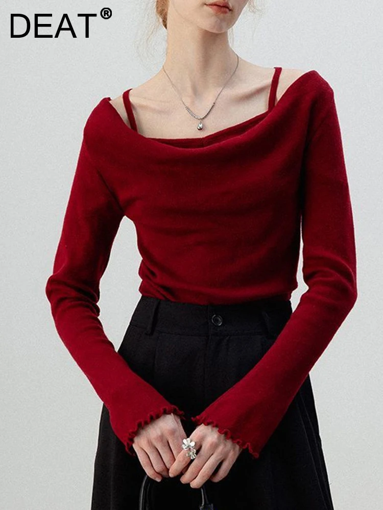 DEAT Elegant Knitting Swing Collar Fake Two Pieces Selvedge Long Sleeves Pullover Women's Tops 2025 Spring New Fashion 15D16