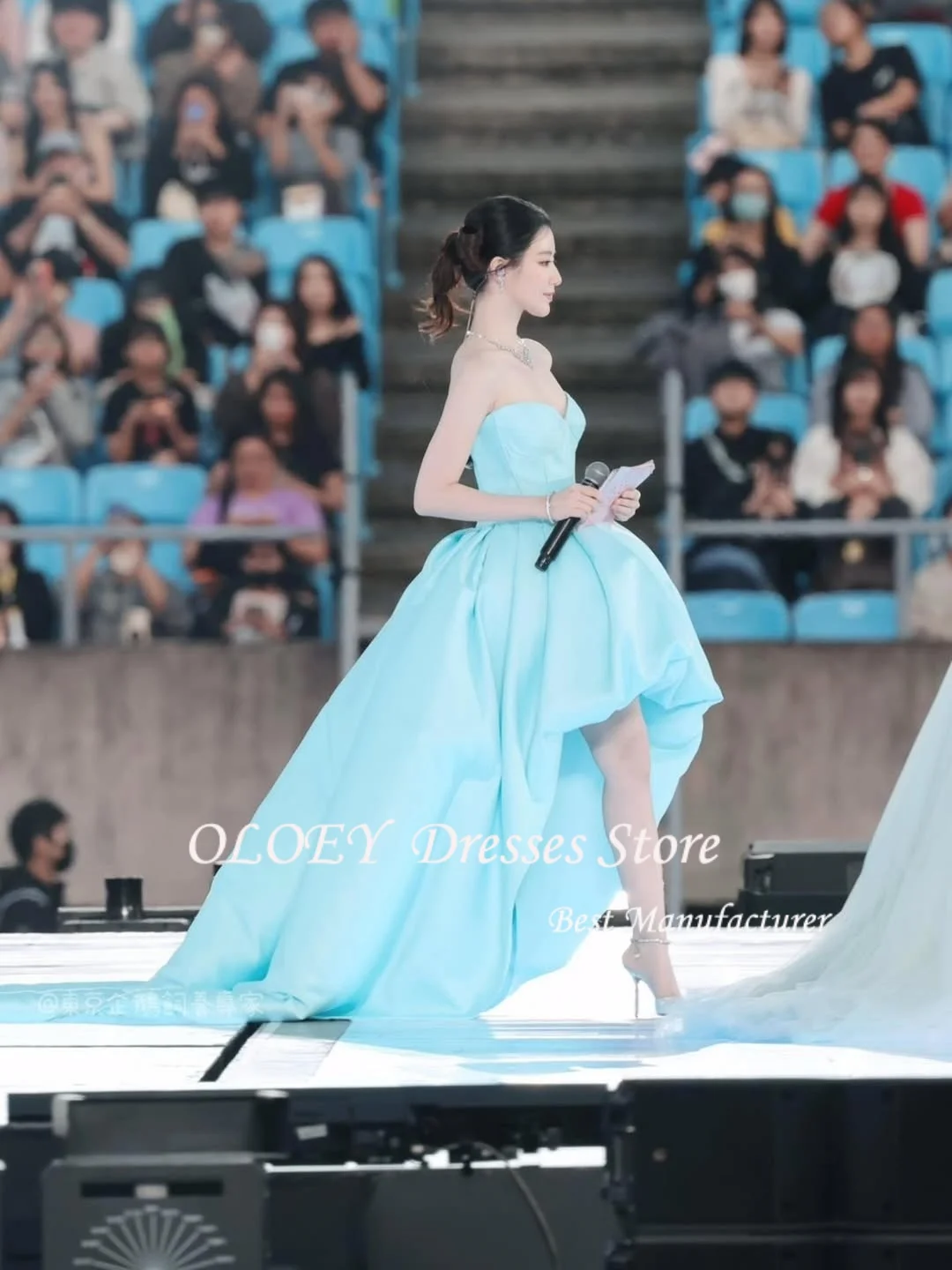 OLOEY Blu Sweetheart A-Line Corea Abiti da sera Morbido taffettà Abiti da ballo dolci Hi-Lo nne Anelli Personalizza Corsetti Indietro