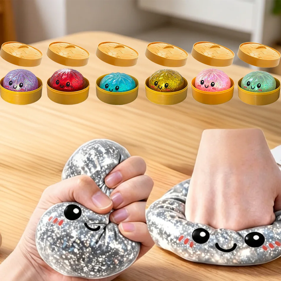 Glitzernde Dumpling Squishies Spielzeug-Box Bun Baozi Dumpling Mystery Box Bunte Lebensmittel-Squishies Sensorisches Fidget-Spielzeug Anti-Stress-Quetschspielzeug