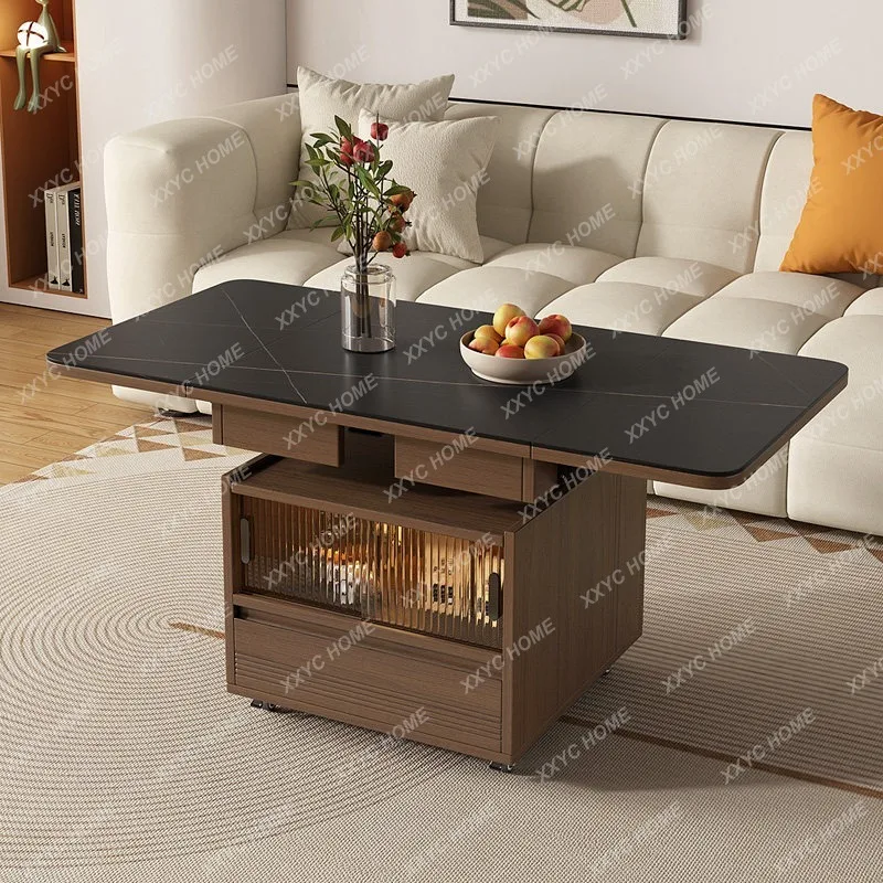 JYALift Fold Coffee Table Sintered Stone Multi Desk Glass Sensor Light Storage Mobile Living