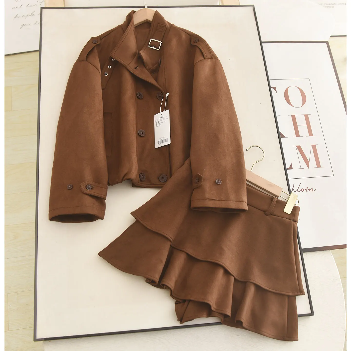 Vintage Coffee Fake Suede Biker Jacket Mini Skirt Set Luxury Double Breasted Short Coat High Waist Layered A-line Skirt Suits