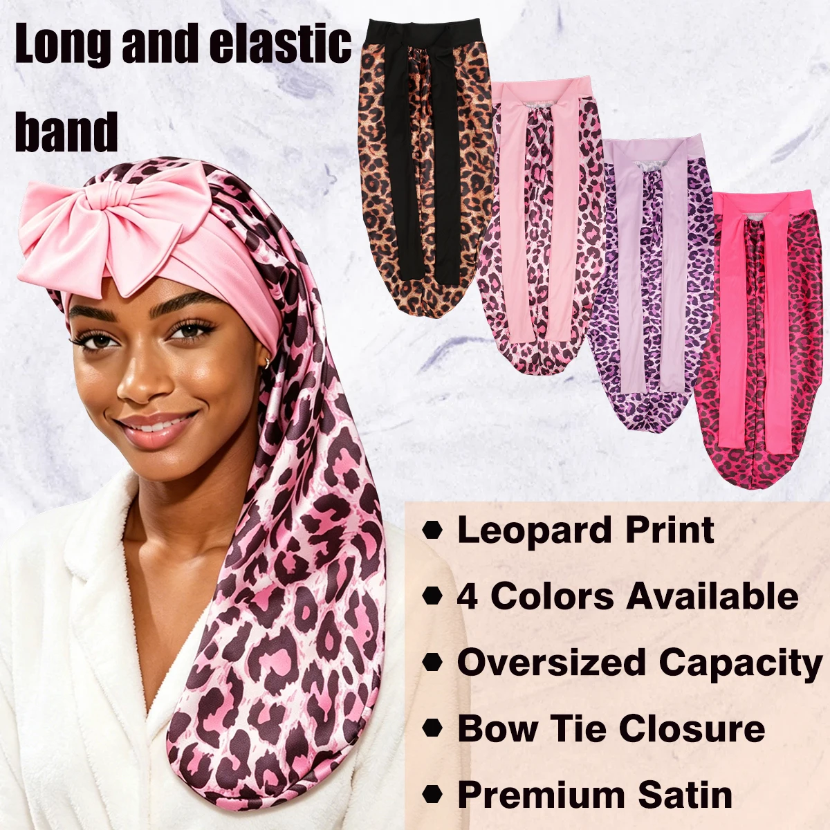 1PC Women's Soft Satin Long Bonnet Leopard Print Bowknot Braid Night Cap Elegant Sleeping Hair Accessory for Long Hair