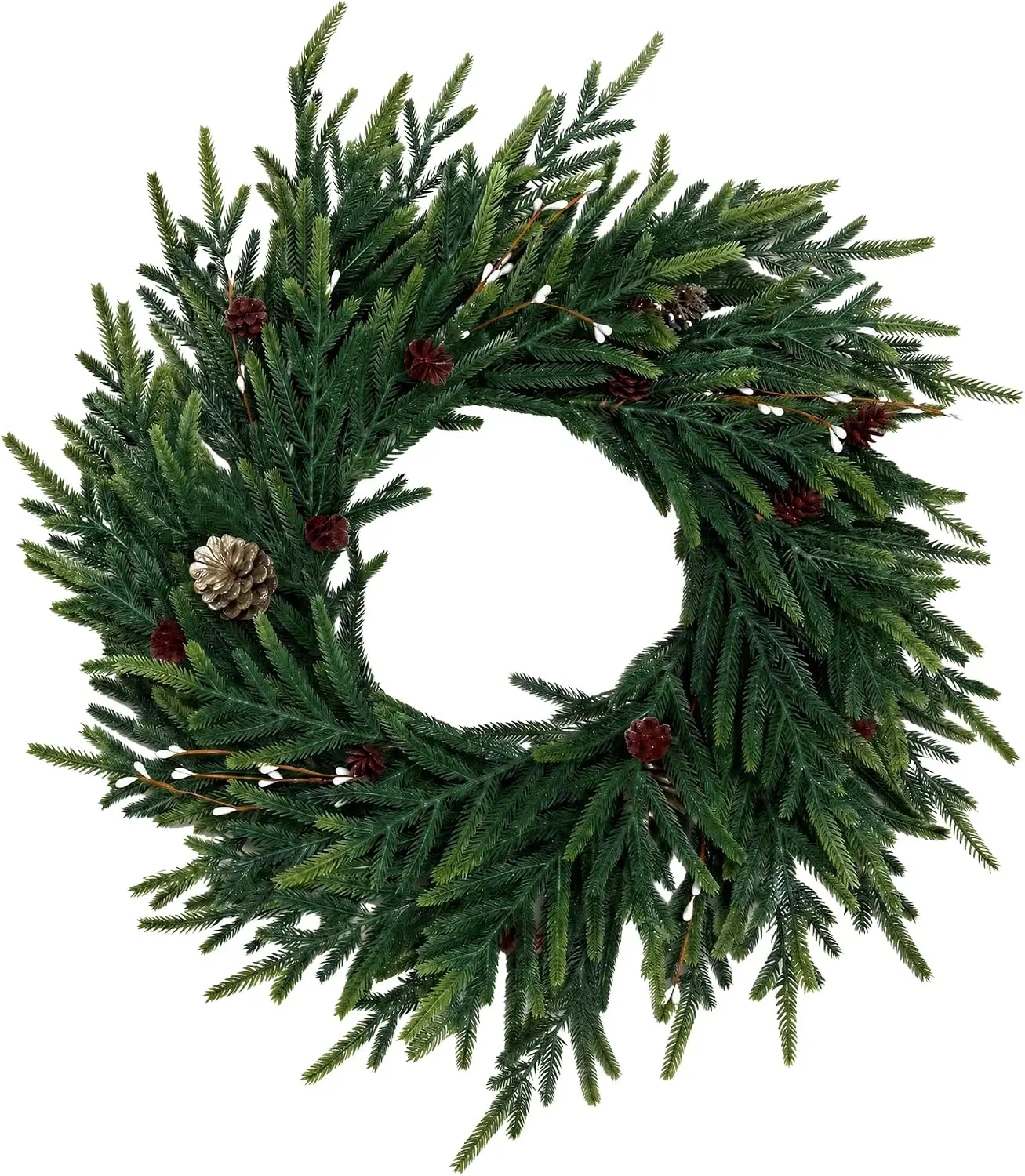 24 Inch Mixed Pine Artificial Christmas Wreath with LEDs and Timer 20 Lights 8 Lighting Modes Cypress and Pine Cones Battery Operated Pre Lit Xmas Decor for Front Door Wall and Fireplace 1