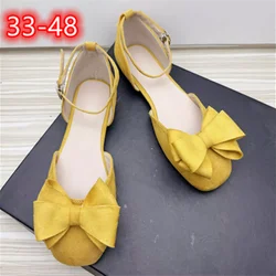 Lady Big Bow Sandals Cover Heels Buckle Strap Flat Shoes Square Toe Wide Fits Dress Comfortable Footwear Green Yellow 33-48 28cm